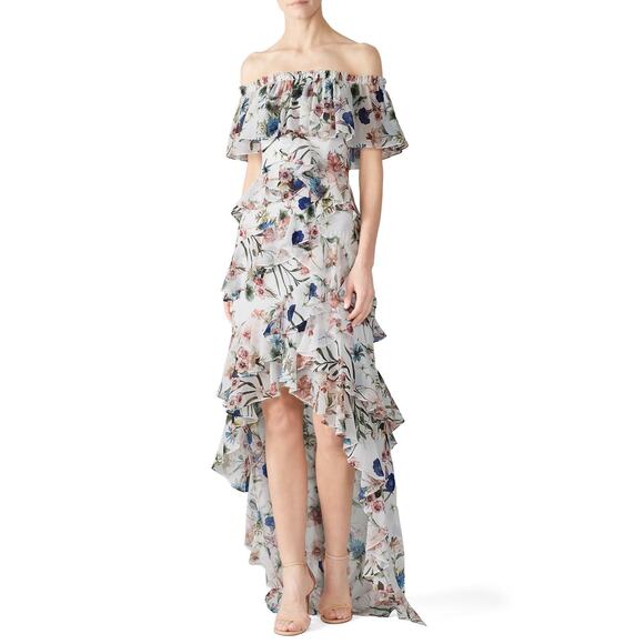 BADGLEY MISCHKA White Floral Printed Off-Shoulder Ruffles High-Low Maxi Dress 16 - Picture 1 of 16
